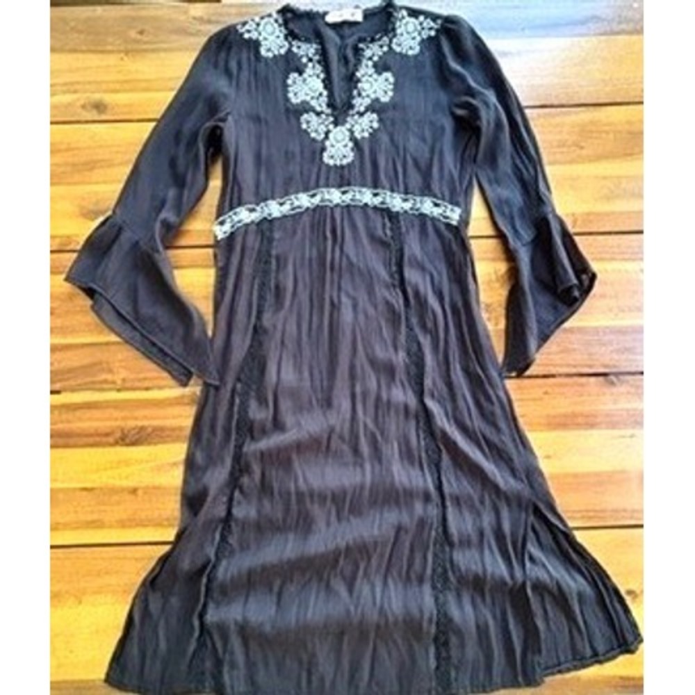 Maje‎ Paris Embroidered Boho Silk Dress Black Long Sleeve Tunic XS